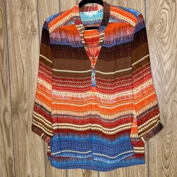 Tantrums | Tribal Print Striped Notched Neck Pullover Blouse 1X - Picture 1 of 5